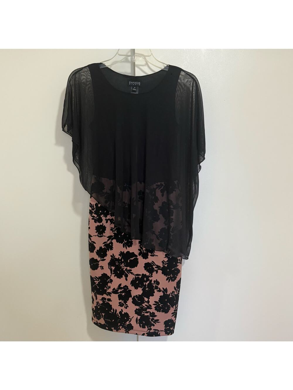 Enfocus Studio Floral Velvet Dress Sz 4 Black and Pink One Shoulder Drape Chic